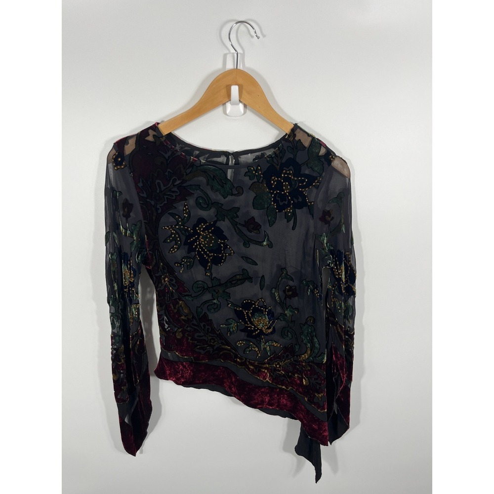 Y2K Dark Fairy Womens Top L Black Sheer Velvet Beaded Asymmetrical Flare Sleeve